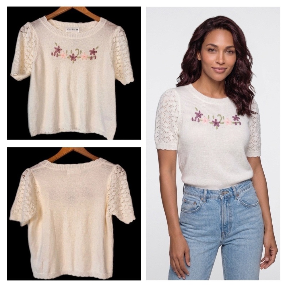 Knit Mix Floral Embroidered Sweater Women Medium Cream Cottagecore Pointelle Top